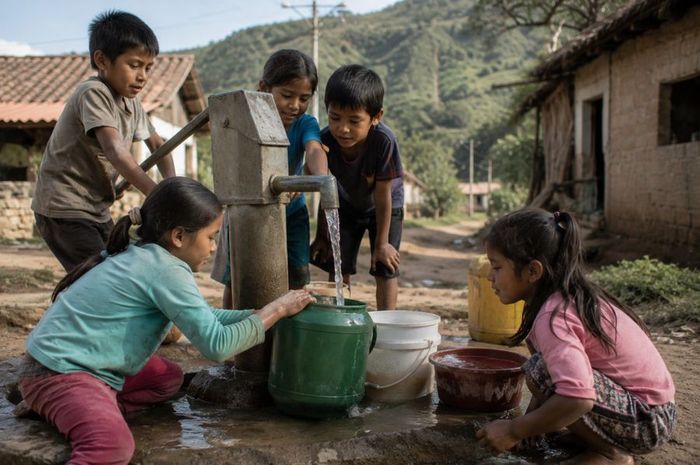 Children gathering water at a village hand pump
