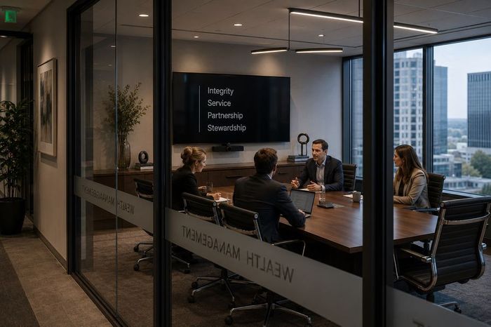 A wealth management team meeting in a glass-walled boardroom